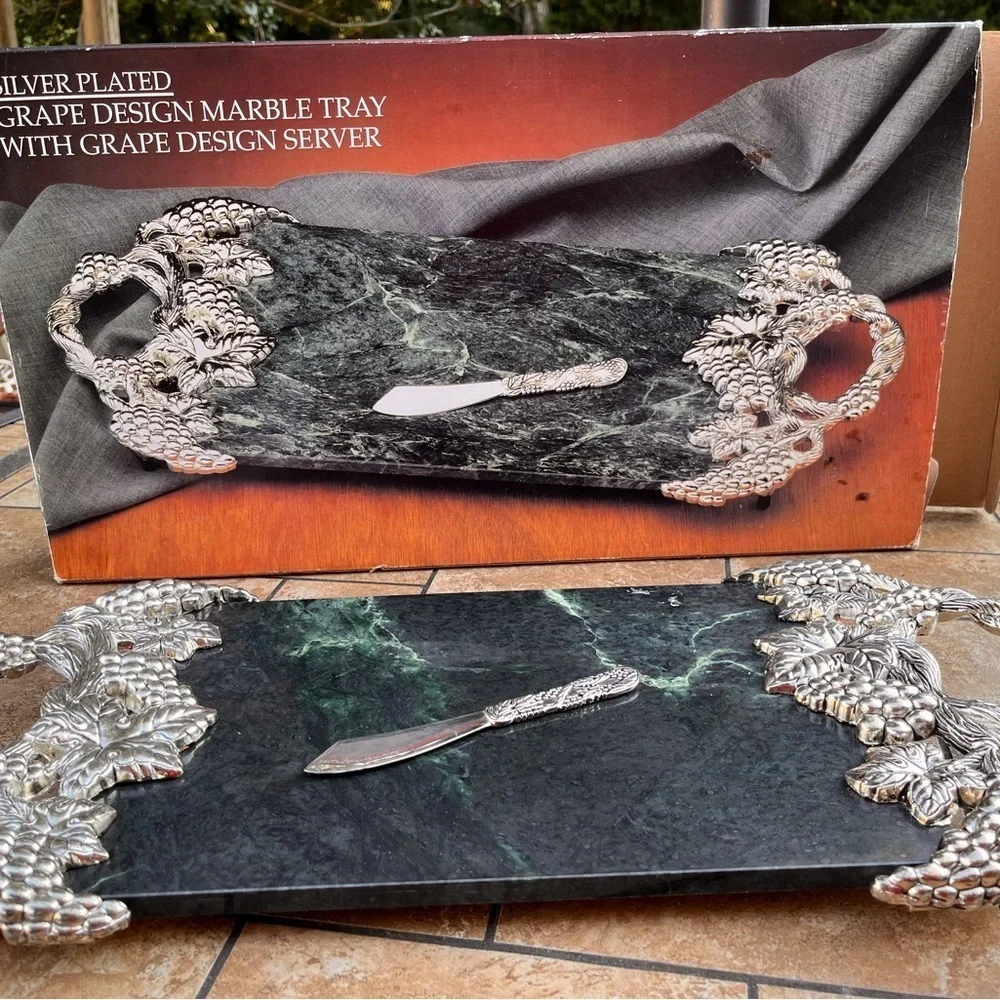 GODINGER Silver plated grape design green marble tray with server in a box